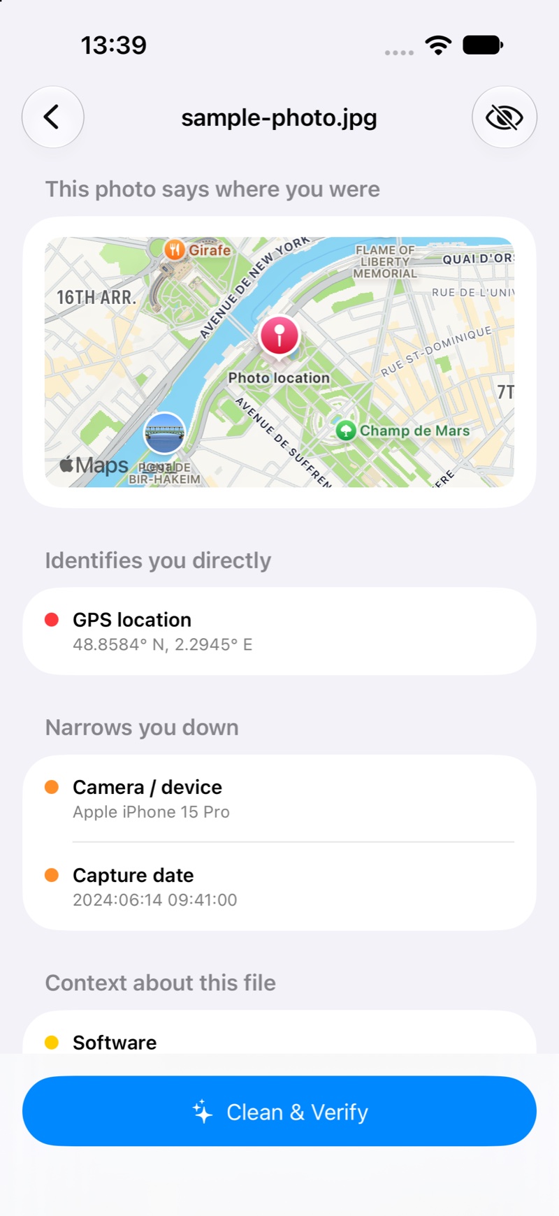 ScrubShare inspect screen showing a photo's GPS location on a map, the camera model and the capture date