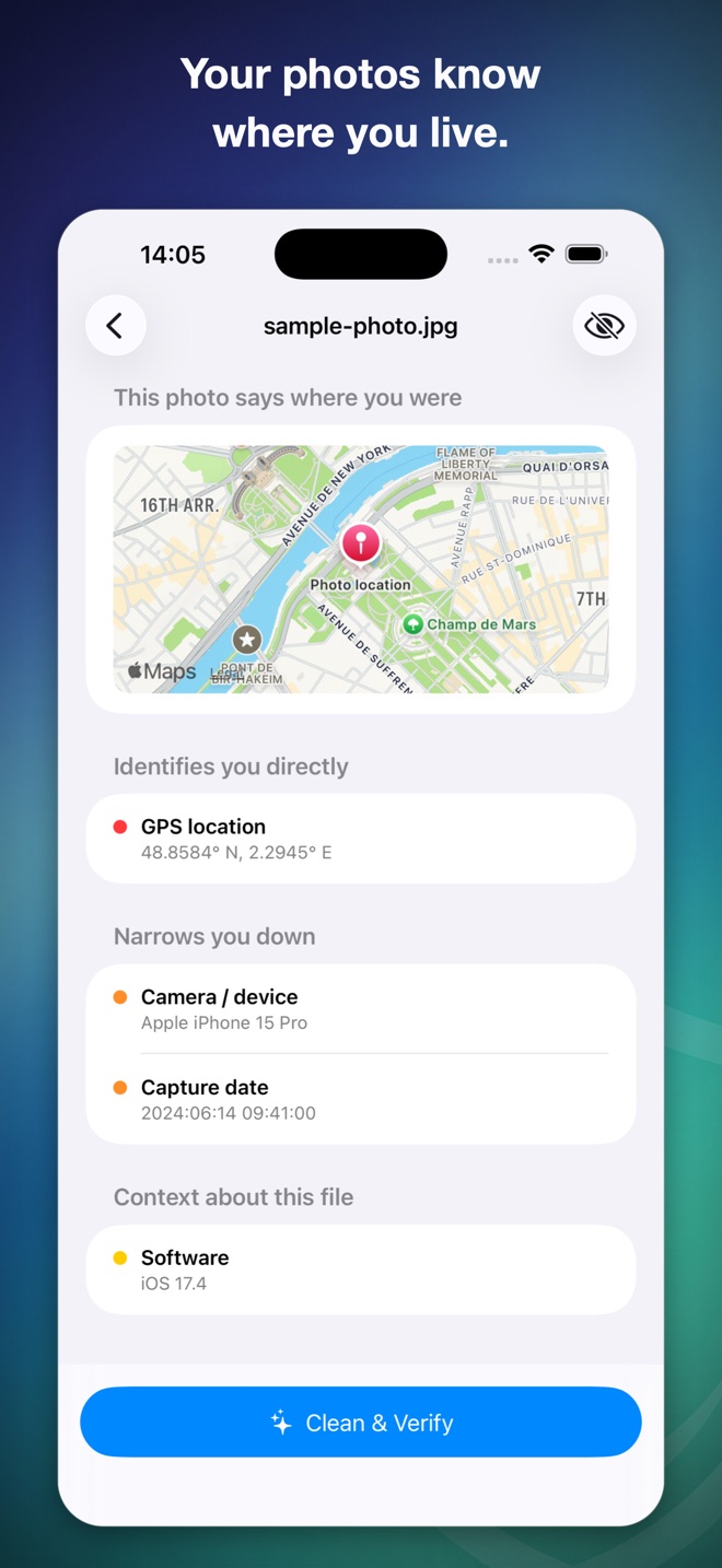 Inspect screen with a map pin on the photo's location