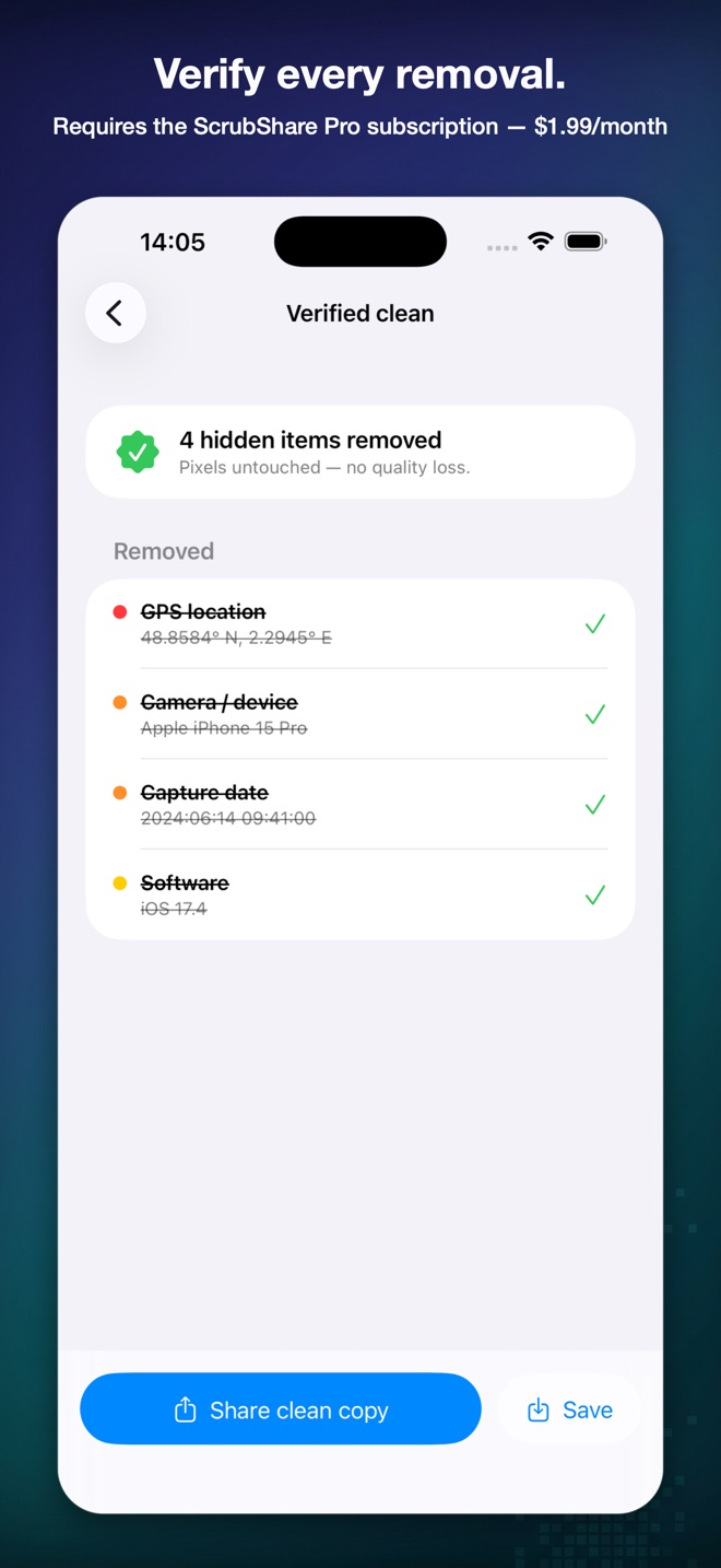 Verification screen listing four hidden items removed