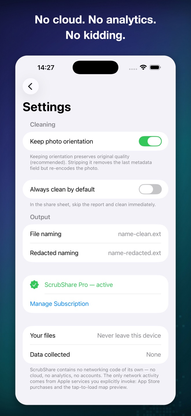 Settings screen stating files never leave the device and no data is collected