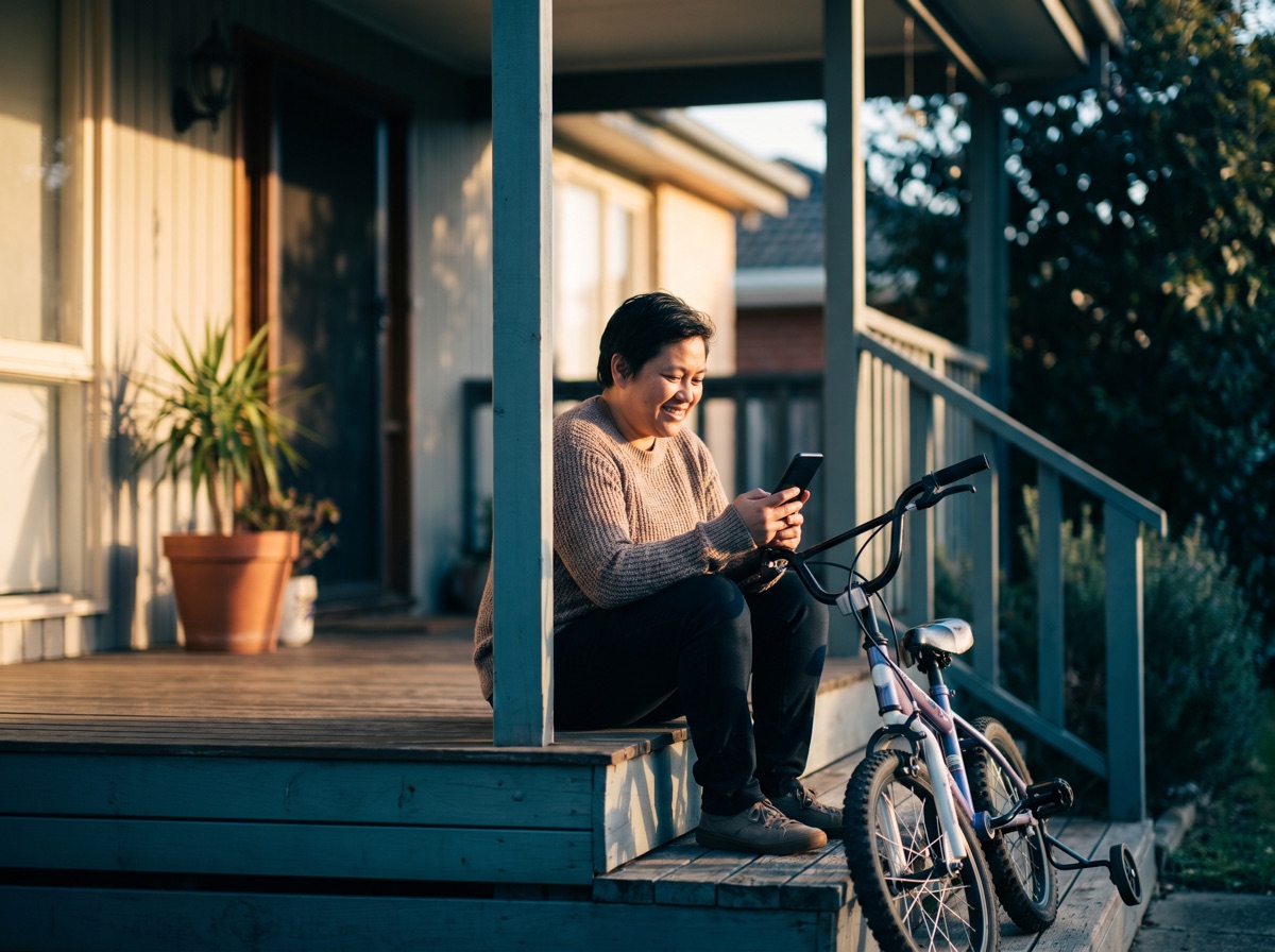 A parent about to share a family photo from a front porch
