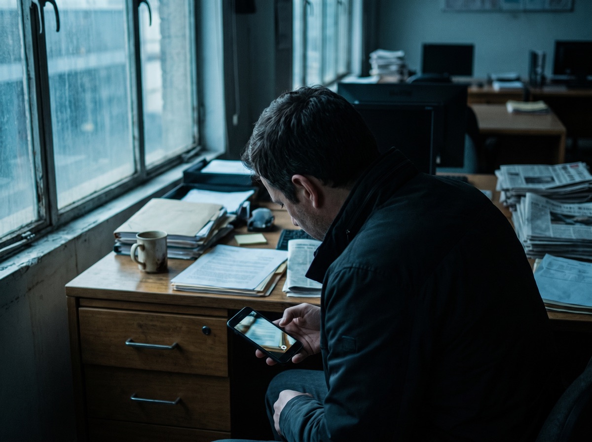 A journalist reviewing a photo of documents on a phone
